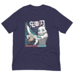 A dark blue t-shirt features two stylized characters wielding swords in an action pose. The context includes graphic elements and text related to the anime Demon Slayer  emphasizing a beast breathing technique.