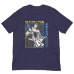 A dark blue t-shirt displays an anime character wielding a sword with a striking pose and a white striped scarf surrounded by blue accents text includes "HASHIRA" and Japanese characters.