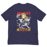 A dark blue t-shirt features an illustrated character wielding a sword with swirling flames. The character has spiky blonde hair and intense expression. Text includes red and yellow Japanese-style letters.