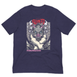 A graphic t-shirt features an illustration of a mythical creature with a boar-like face and intricate background patterns. The shirt is navy blue with colorful designs and text.