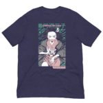 A character wearing a kimono and holding a bamboo muzzle is depicted in a stylized illustration on a dark t-shirt background surrounded by green abstract shapes with text reading "KAMADO NEZUKO" at the top and "きめつのやいば" at the bottom.