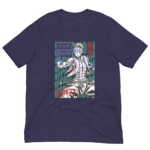 A dark purple t-shirt displays a stylized character with blue skin posing confidently. Behind the character is text that includes "UPPER MOON" and additional Japanese characters against a patterned background.