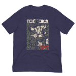 A navy t-shirt features a stylized illustration of a character holding a katana surrounded by green foliage with Japanese text TONTOKA and 水柱 and 鬼殺刃 prominently displayed.