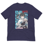 A dark blue t-shirt features a graphic of a character wielding a sword surrounded by colorful butterflies The character has long hair and is adorned with a headband Text includes TSUYURI Kanro and stylized elements in the background
