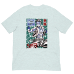 A light blue T-shirt features a stylized character with blue stripes in a dynamic pose displaying one hand. Behind the character are bold green and white text elements stating “UPPER MOON” and “悪魔.”