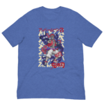 A blue t-shirt features a vibrant graphic of a muscular character with colorful hair and a red cape holding a weapon with various abstract designs and Japanese text in the background.