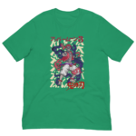 A green t-shirt displays a bold graphic of a muscular figure with vibrant flowing hair and clothing in action  surrounded by stylized text and abstract shapes in a contrasting background. Text includes アッパームーン3 and 鬼滅の刃.