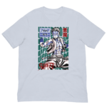 A light blue t-shirt features a graphic of a character with blue stripes and a confident pose against a backdrop of repeated text reading "UPPER MOON" and Japanese characters in red.
