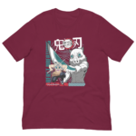 A maroon t-shirt features an illustration of two characters holding a sword with fierce expressions in an anime style. Text includes "DEMON SLAYER" and "BEAST BREATHING" alongside stylized graphics.