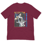 A maroon t-shirt displays an illustrated character holding a sword with a confident stance surrounded by decorative elements and Japanese text including the word "HASHIRA" and other characters.