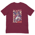 A maroon t-shirt features a colorful graphic of a stylized character with flowing hair and smoke-like effects in dynamic motion against a light background with Japanese text.