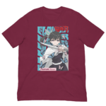 A maroon t-shirt features an illustrated character wielding a sword surrounded by blue butterflies with a light background and Japanese text reading Tsuyuri Kanroji in a stylized format.