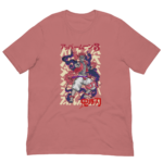 A pink t-shirt features an intricate graphic of a muscular figure in a dynamic pose surrounded by vibrant swirling patterns and text in Japanese characters emphasizing strength and action.