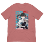 A pink t-shirt features a character holding a sword surrounded by blue and pink butterflies. The design includes the name "TSUYURI Kanako" and stylized text above.