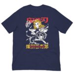 A navy blue t-shirt features a stylized character wielding a sword with swirling flames around them conveying a dynamic action scene accompanied by bold red and yellow text stating their name and series title.