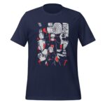 A blue t-shirt features a graphic design with multiple stylized characters' faces in various poses and expressions set against a red and white background  reflecting a dynamic anime theme.