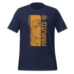 A navy blue t-shirt features a graphic design of a character with spiky hair wearing a headband and orange accents  with the text "NARUTO" prominently displayed vertically alongside.