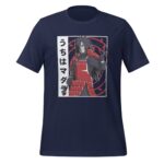 A navy blue t-shirt features a graphic of a character with long dark hair and a red outfit gesturing confidently surrounded by a circular design with Japanese text.