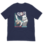 A blue t-shirt features a graphic design of two characters from an anime wielding swords with intense expressions surrounded by swirls and text that includes "DEMON SLAYER" and "BEAST BREATHING"