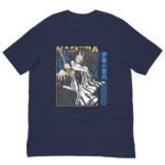 A dark blue t-shirt features a character wielding a sword with a fierce expression dressed in a striped outfit surrounded by a graphic background and text that includes "HASHIRA" and Japanese characters.