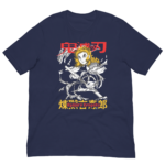 A dark navy t-shirt features a stylized character holding a sword surrounded by a swirling design with text in red and yellow reading Demon Slayer Kyoujuro Rengoku.