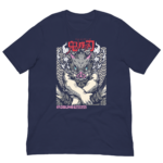 A dark blue t-shirt features an illustrated character with a pig-like face and crossed arms surrounded by swirling patterns and Japanese text suggesting themes of strength and combat. Text reads "HASHIBIRA IROSUKE" and includes additional Japanese characters.