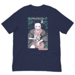 A dark blue t-shirt features an illustrated character with long black hair and intense eyes wearing a kimono holding a bamboo muzzle surrounded by green foliage with Japanese text below her.
