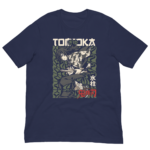 A blue t-shirt features a graphic of a character holding a sword surrounded by stylized green vines with Japanese text and symbols prominently displayed.