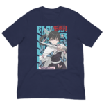 A dark navy t-shirt features an illustrated character holding a sword surrounded by colorful butterflies showcasing a confident expression with text indicating the character's name Tsuyuri Kanawo and a Japanese title design