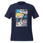 Navy t-shirt displays stylized heads of four characters with intense expressions and distinct features each in their own panel against a light blue background with Japanese text.