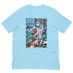 A blue t-shirt features a graphic design of a muscular character with striking blue markings posing confidently with one hand raised against a patterned background that includes the words "UPPER MOON" and "悪魔" (demon).