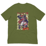 A green t-shirt features a colorful graphic of a muscular character striking a dynamic pose surrounded by swirling patterns and text in Japanese  creating a vibrant artistic presentation.