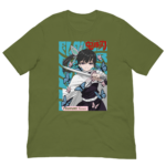 A green t-shirt displays an illustrated character holding a sword surrounded by blue butterflies  with Japanese text and the name Tsuyuri Kanato at the bottom of the design.