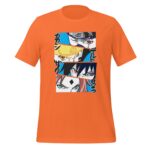 An orange t-shirt displays a graphic featuring four close-up faces of animated characters with intense expressions framed in a grid pattern against a blue background with Japanese text.