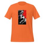 An orange t-shirt displays an illustrated character with a prominent purple eye partially hidden by a black scarf against a striking red background  conveying a dramatic and intense atmosphere.