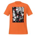 An orange T-shirt displays a black and white graphic featuring various characters with bold outlines and red accents in between their faces  set against a chaotic background.