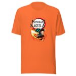 An orange t-shirt features a graphic of a character in motion wielding a fiery slashing attack surrounded by the text Hinokami Kagura against a simple background.