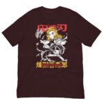 A black t-shirt features an anime character wielding a sword surrounded by swirling energy with Japanese text above and below the image in bold colors indicating the character's name and title.