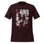 A black t-shirt features a graphic design with multiple stylized character faces in red and white against a dark background highlighting the anime theme that appeals to fans.