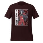 A dark brown t-shirt displays a stylized graphic of a character in red armor  gesturing dramatically against a circular red background with Japanese text on the left.