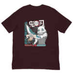 A maroon shirt features a graphic of two characters from an anime holding swords with dynamic poses against a stylized background. Text includes "Demon Slayer" and "BEAST BREATHING."