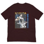 A maroon t-shirt features an illustrated character holding a sword with a dynamic pose surrounded by stylized designs including text and a geometric element suggesting a fantasy theme.