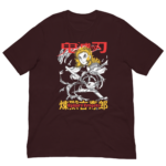 A maroon t-shirt features a stylized character wielding a sword with swirling elements around it. The background includes bold Japanese text and the name “Kyojuro Rengoku” prominently displayed below the character.