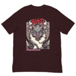 A maroon t-shirt features a large graphic of a boar-like creature with an aggressive expression and crossed arms set against swirling patterns with Japanese text above and below the creature.