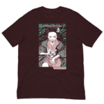 A maroon t-shirt features an illustration of a character with long dark hair wearing a kimono and holding a bamboo muzzle in an intense pose surrounded by abstract green patterns with Japanese text on top and bottom.