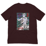 A maroon t-shirt features a graphic design of a muscular character with blue and white hair raising one hand. The background includes stylized text reading "UPPER MOON" and Japanese characters.