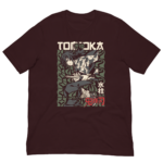 A maroon t-shirt features an illustrated character holding a sword surrounded by swirling green patterns with text reading TОМЕTАКА 水柱 and 鬼滅の刃.