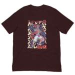 A dark maroon t-shirt features a vibrant graphic design of a character in dynamic pose surrounded by colorful swirling patterns with Japanese text including the words アッパーテン3 and 思想.