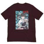 A maroon t-shirt features a graphic of a character holding a sword surrounded by butterflies with a patterned background that includes text reading Tsuyuri Kanro and an anime style illustration.