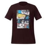 A black T-shirt features a graphic of four characters' faces in a stacked arrangement their expressions convey intensity with colorful eyes and distinct hairstyles against a light background.